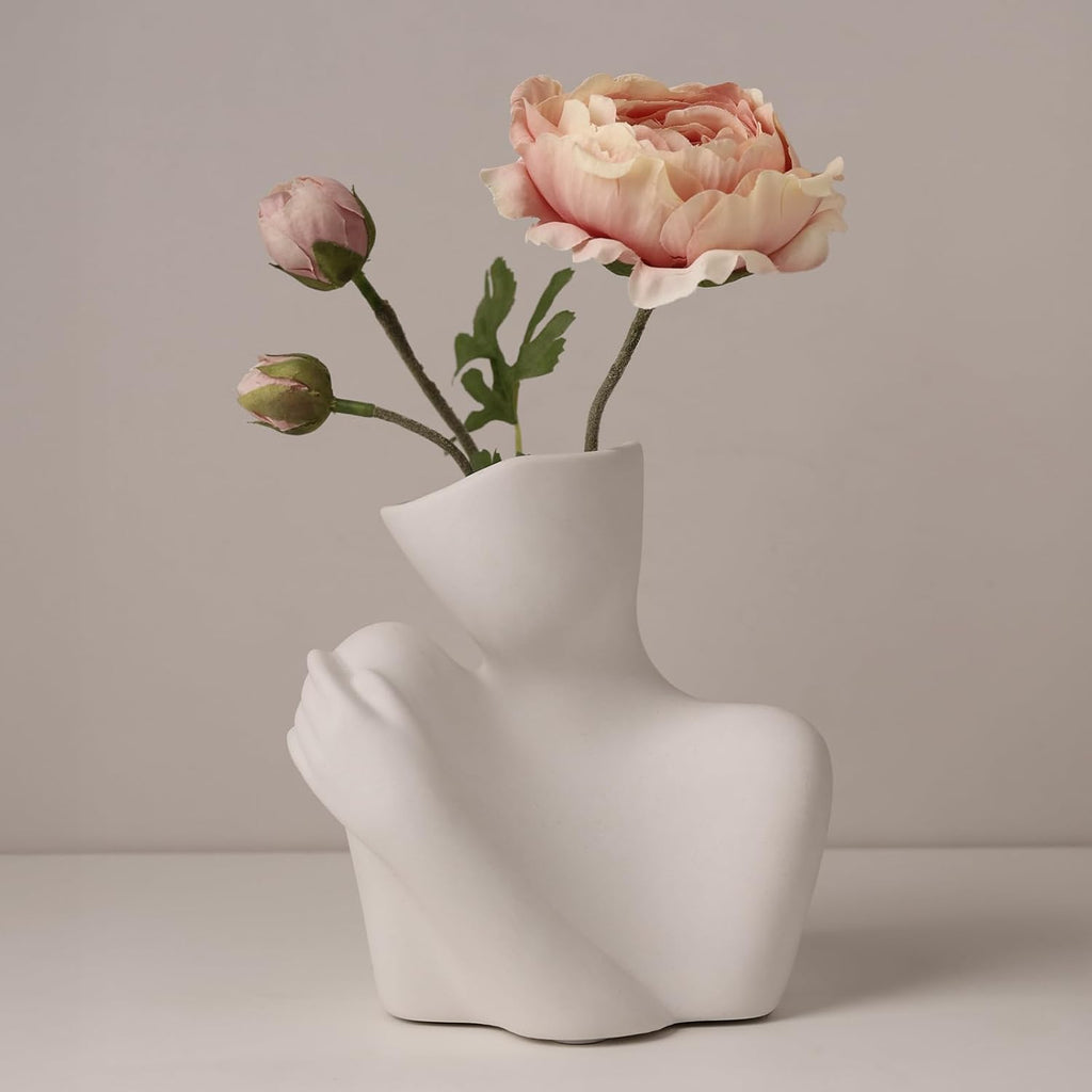 Ceramic Body Vase, Female Form Half Body Vase, Modern Minimalist Boho, Decorative Vase for Living Room, Bedroom, Shelf, Dining Table, Bathroom & Office, (White Shoulder-Grazing Style)