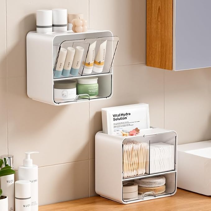 Qtip Holder for Bathroom Container, Wall Mounted & Countertop Cotton Swab Organizer with Drawer, Dustproof Storage for Cotton Balls, Cotton Pads, Tampons, Makeup Brushes & Hair Accessories for Vanity