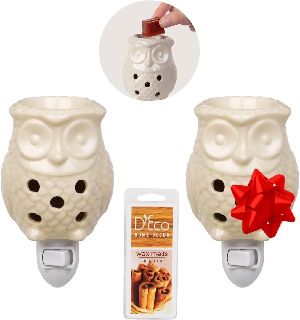 Owl Plug-in Fragrance Wax Melt Warmers (2Pk)- Electric Scented Candle Tart Warmer w 4 Cinnamon Cubes- Halogen Bulb Melts Wax & Fills Room w Fresh Scents & Night Light Glow- Holiday Xmas Must Have Gift