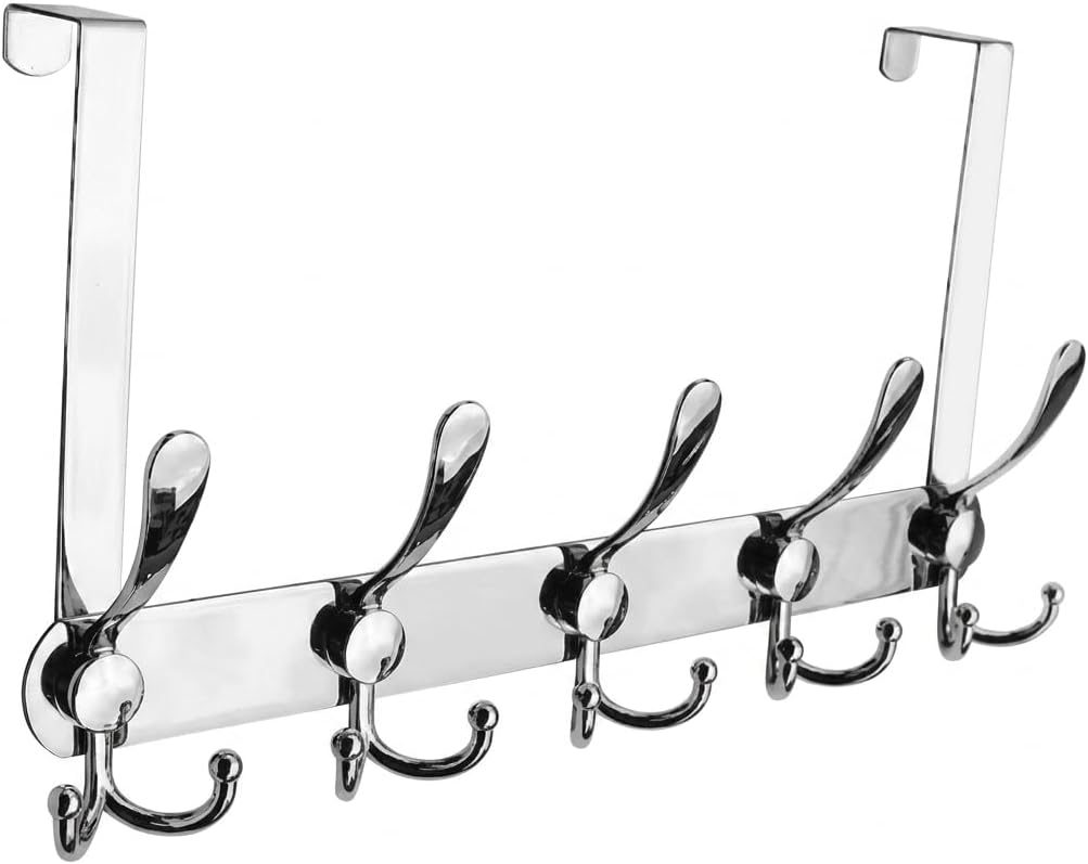 Over The Door Hooks, Heavy Duty Door Hanger with 5 Tri-Hooks for Hanging Clothes, Coats, Towels, Mirror Finish Silver Stainless Steel OTD Storage Rack, Fits Standard 1-3/4" Doors, 60 lbs Max