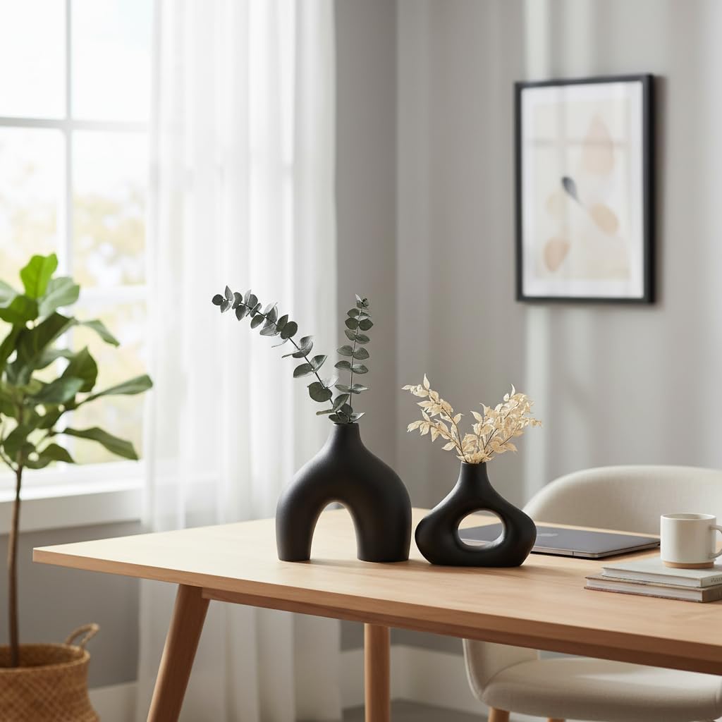 Carrot's Den Black Ceramic Modern Vase Set of 2, Donut Shelf Decor, Black