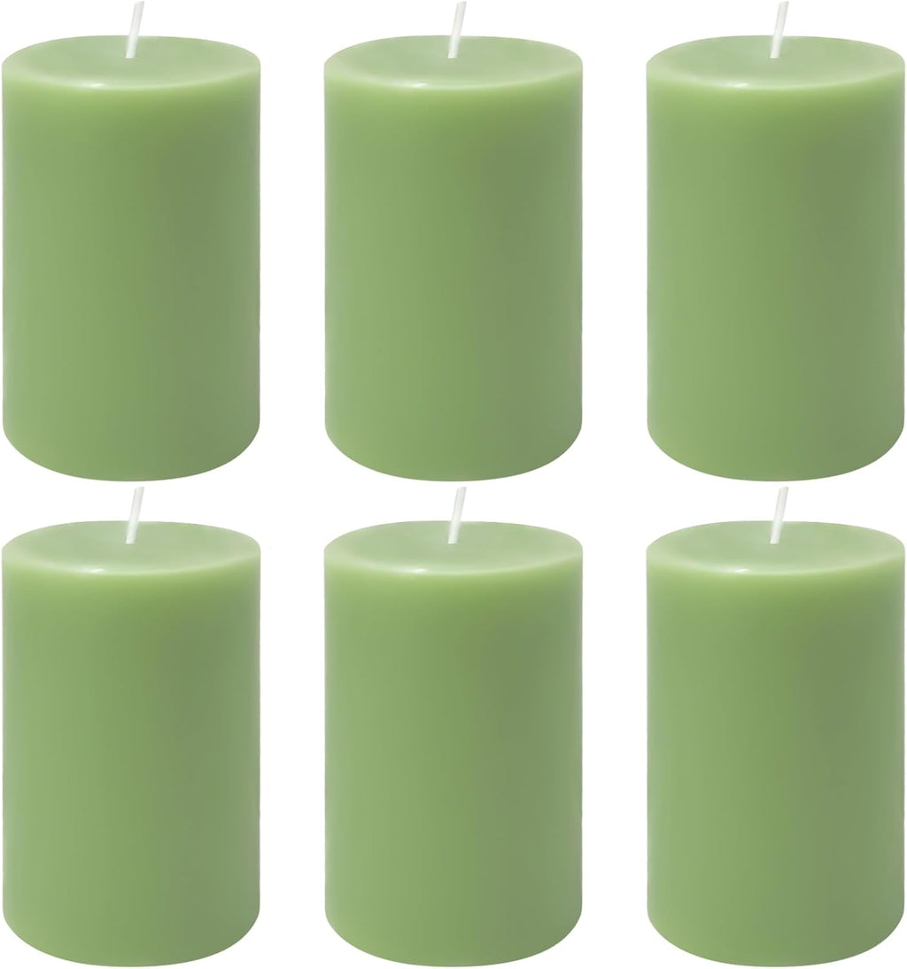 6 Pack 2x3 inch Pillar Candles, Sage Green Unscented Votive Candle for Celebration Home Decoration, Dripless and Long Burning Time