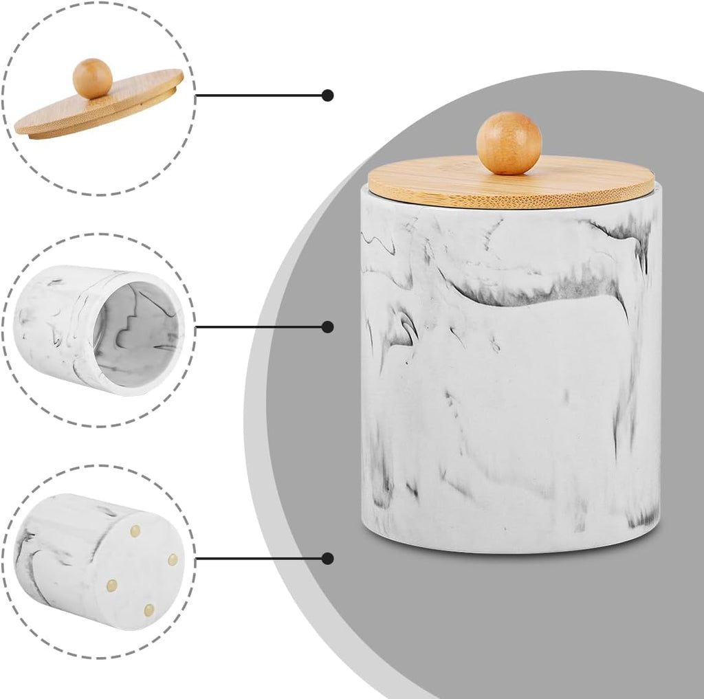 Bathroom Qtips Jars with Lid,Vanity Cotton Swab Holder,Resin Apothecary Dispenser Container,Marble Makeup Sponges Canister,Bath Salts Storage Organizer Box (Marble White with Bamboo Lid of 2)