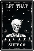 Skull Poster - Funny Bathroom Sign Wall Decor - Halloween Skull Decor - Let That Shitgo - Quote Wall Art for Bathroom Decor - 8x12 inches Hanging Tin Sign