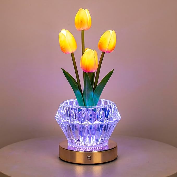 Tulip Table Lamp, 4 Modes 16 Color Changing Acrylic Crystal Night Light with Remote, Rechargeable Touch Artificial Flower Light, Protable Cordless Desk Lamp for Home Decor