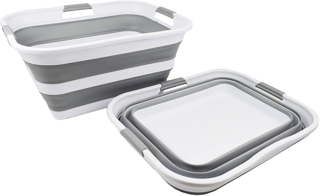 SAMMART 42L (11 gallon) Collapsible Plastic Laundry Basket - Foldable Pop Up Storage Container/Organizer - Portable Washing Tub - Space Saving Hamper/Basket (White/Grey (Set of 2))