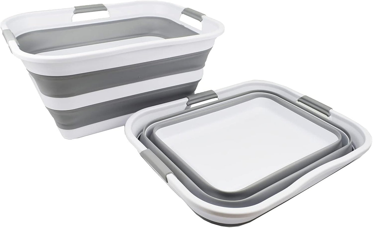 SAMMART 42L (11 gallon) Collapsible Plastic Laundry Basket - Foldable Pop Up Storage Container/Organizer - Portable Washing Tub - Space Saving Hamper/Basket (White/Grey (Set of 2))