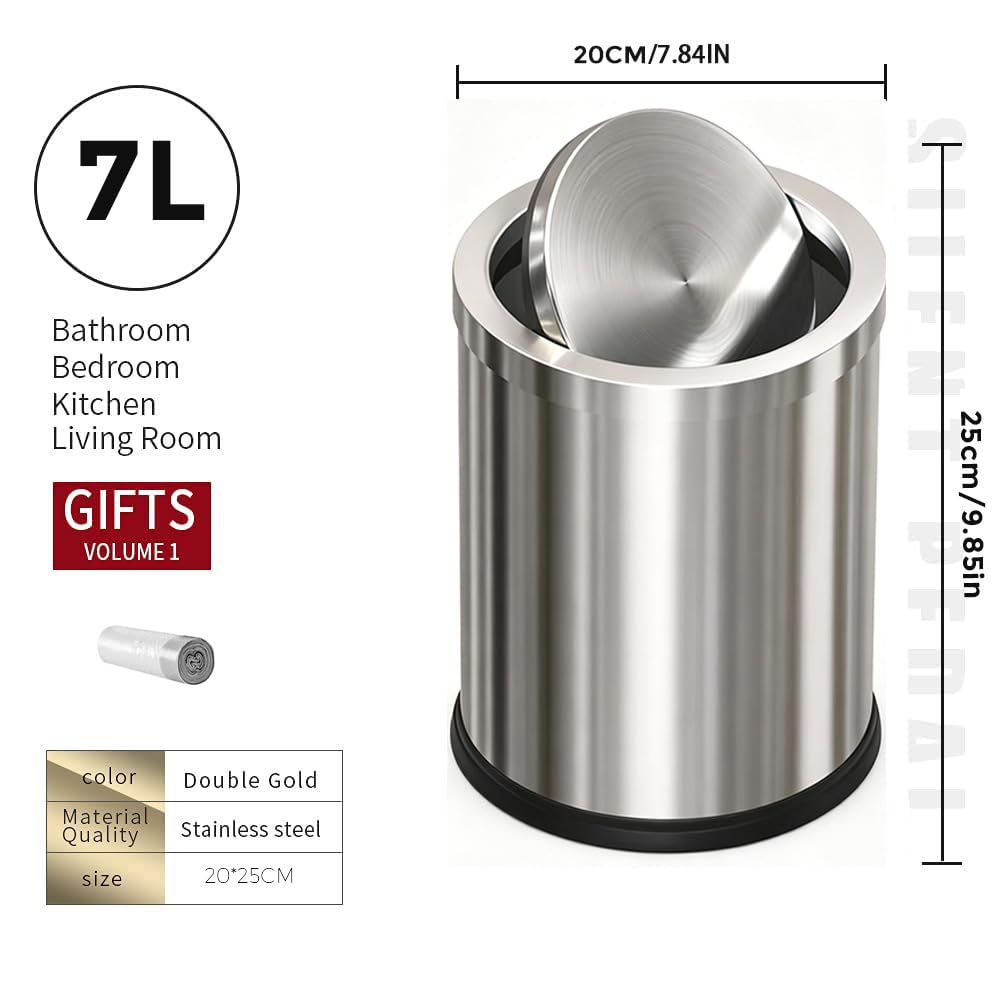 7L/1.8GAL Small Bathroom Trash Can with Flipping Lid