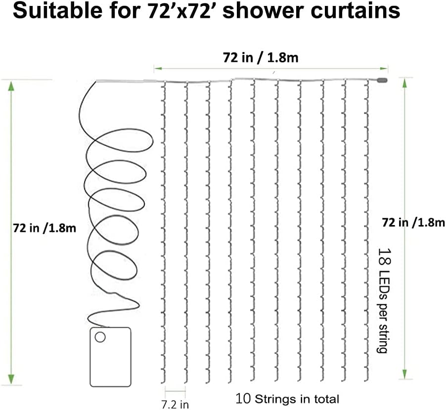 Solhice Curtain Shower Light, 72 x 72 Inches Battery Operated Waterproof Curtains Fairy Lights with 10 Hooks for Inside Shower, 180 LEDs Lighting Indoor Outdoor Decor (NO Curtain)