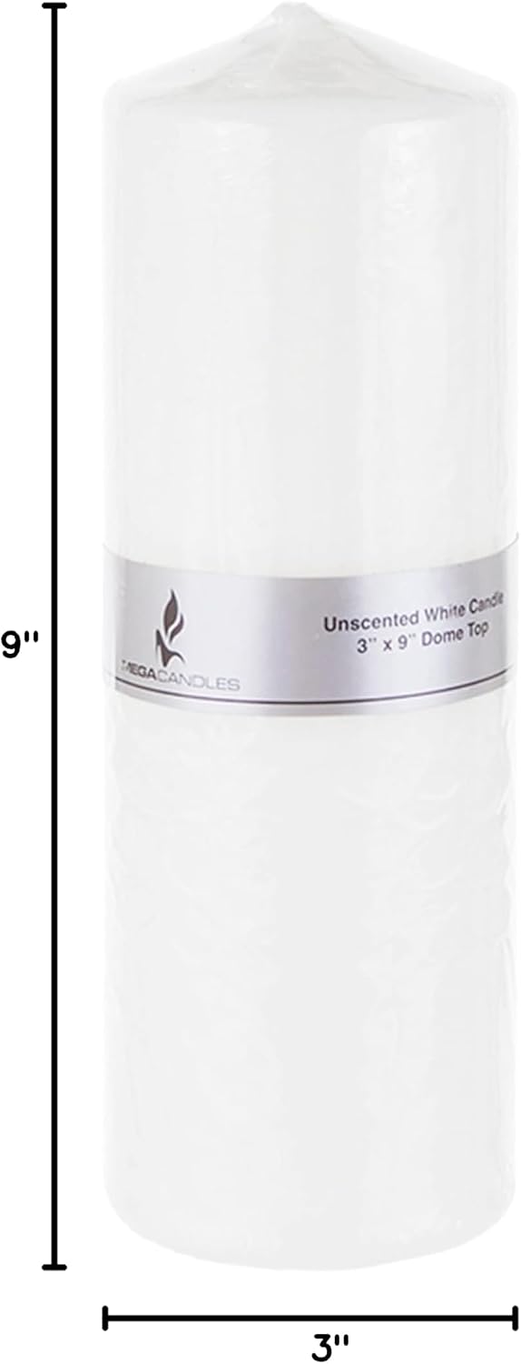 Mega Candles 1 pc Unscented Dome Top White Pillar Candles, Pressed Premium Wax Candle 3 Inch x 9 Inch, Home Décor, Weddings, Parties, Festivities, Occasions, Florists, Events, Prayers, Memorials
