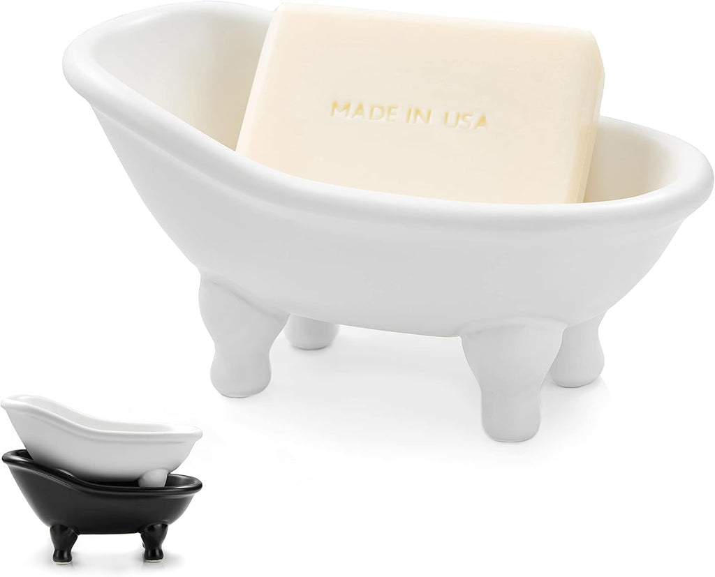 Soap Dish, Ceramic Soap Holder with Drainage for Shower, 1 Pack Bar Soap Tray, Keep Soap Dry & Easy Clean, Sponge Holder for Bathroom, Bathtub Kitchen Sink (White)