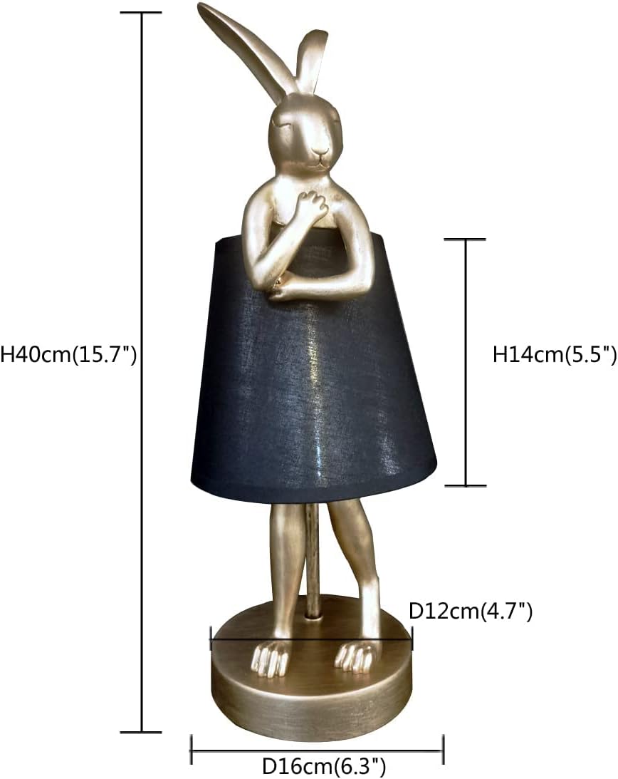 NorDiem LED Bunny Table Lamp, Resin Animal Rabbit Desk Light with Linen Shade, 15.7 Inch Decorative Lamp for Bedroom, Office & Kids Room (15.7" Black Shade)