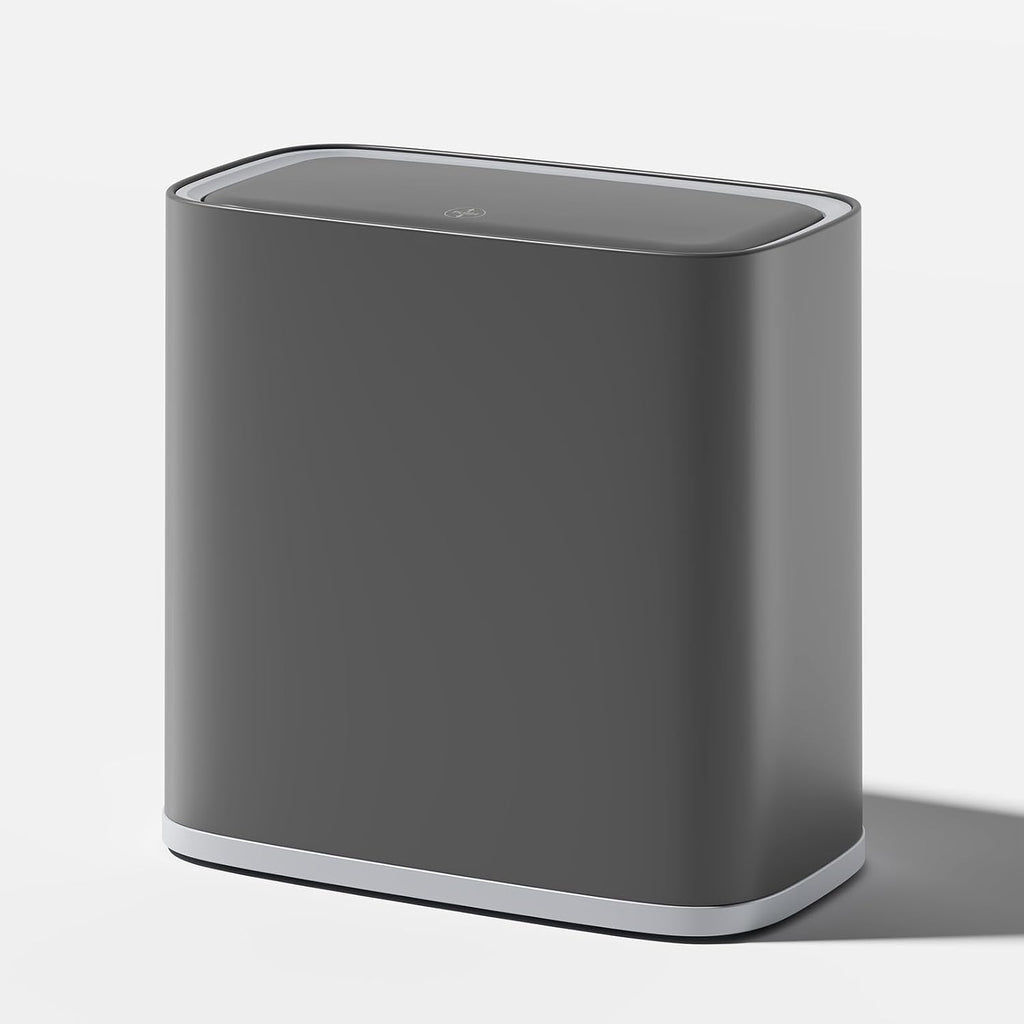 Small Bathroom Trash Can with Lid and Wheels, 8L / 2.1 Gal, Plastic, Gray