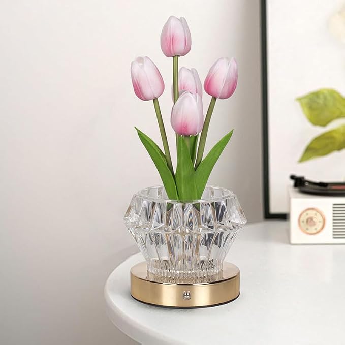 Tulip Table Lamp, 4 Modes 16 Color Changing Acrylic Crystal Night Light with Remote, Rechargeable Touch Artificial Flower Light, Protable Cordless Desk Lamp for Home Decor