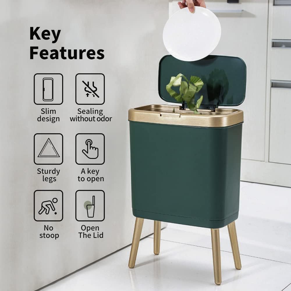 Procade Green Bathroom Trash Can with Lid,4 Gallon Retro Gold Garbage Can