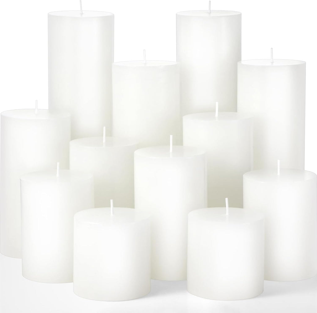Shihanee 12 Pcs Pillar Candles Bulk Set Unscented Dripless,White