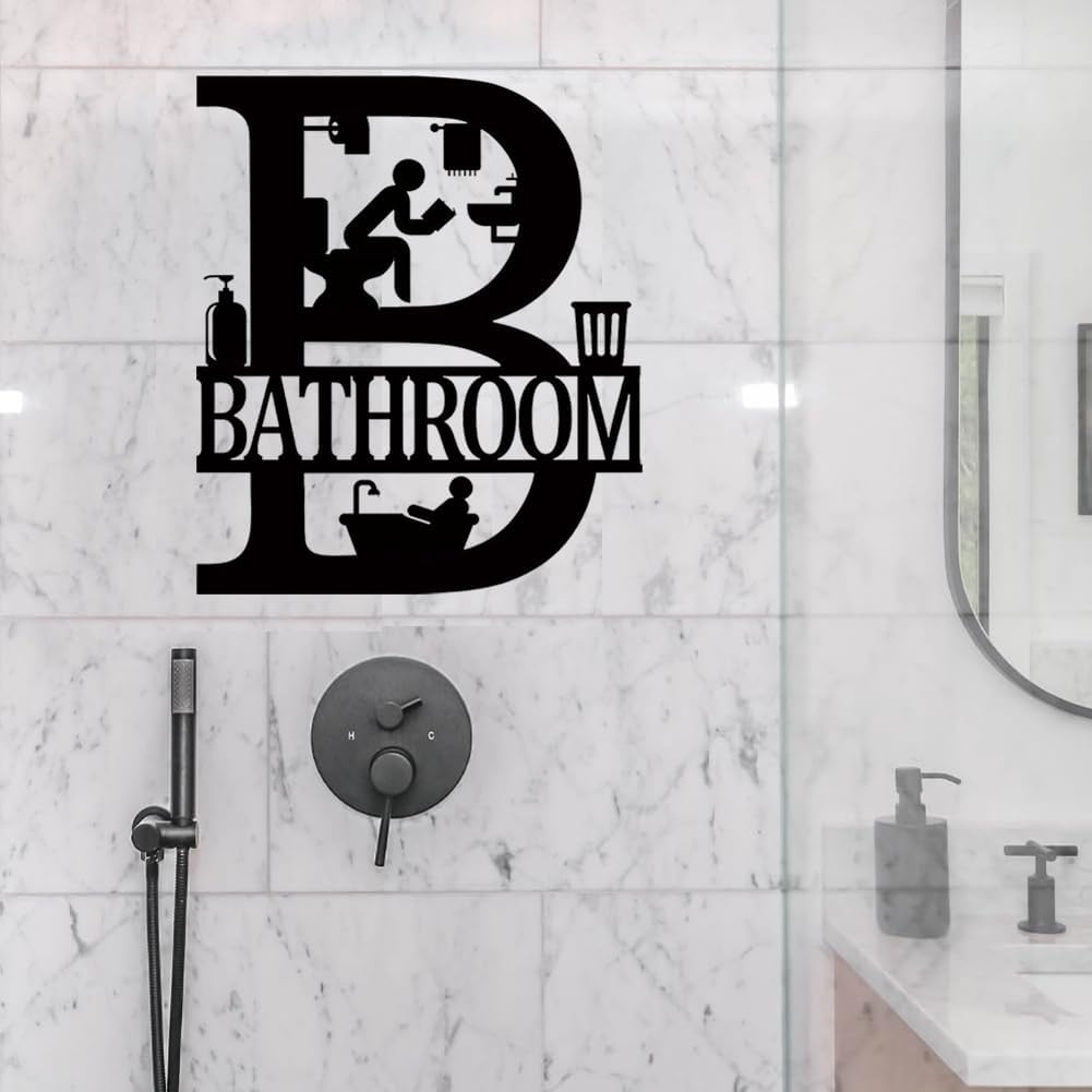 Metal Bathroom Signs Wall Decor, 12x14 Inch Black Bathroom Wall Art, Farmhouse Funny Restroom Sign for Modern Home Decoration Gift for Housewarming