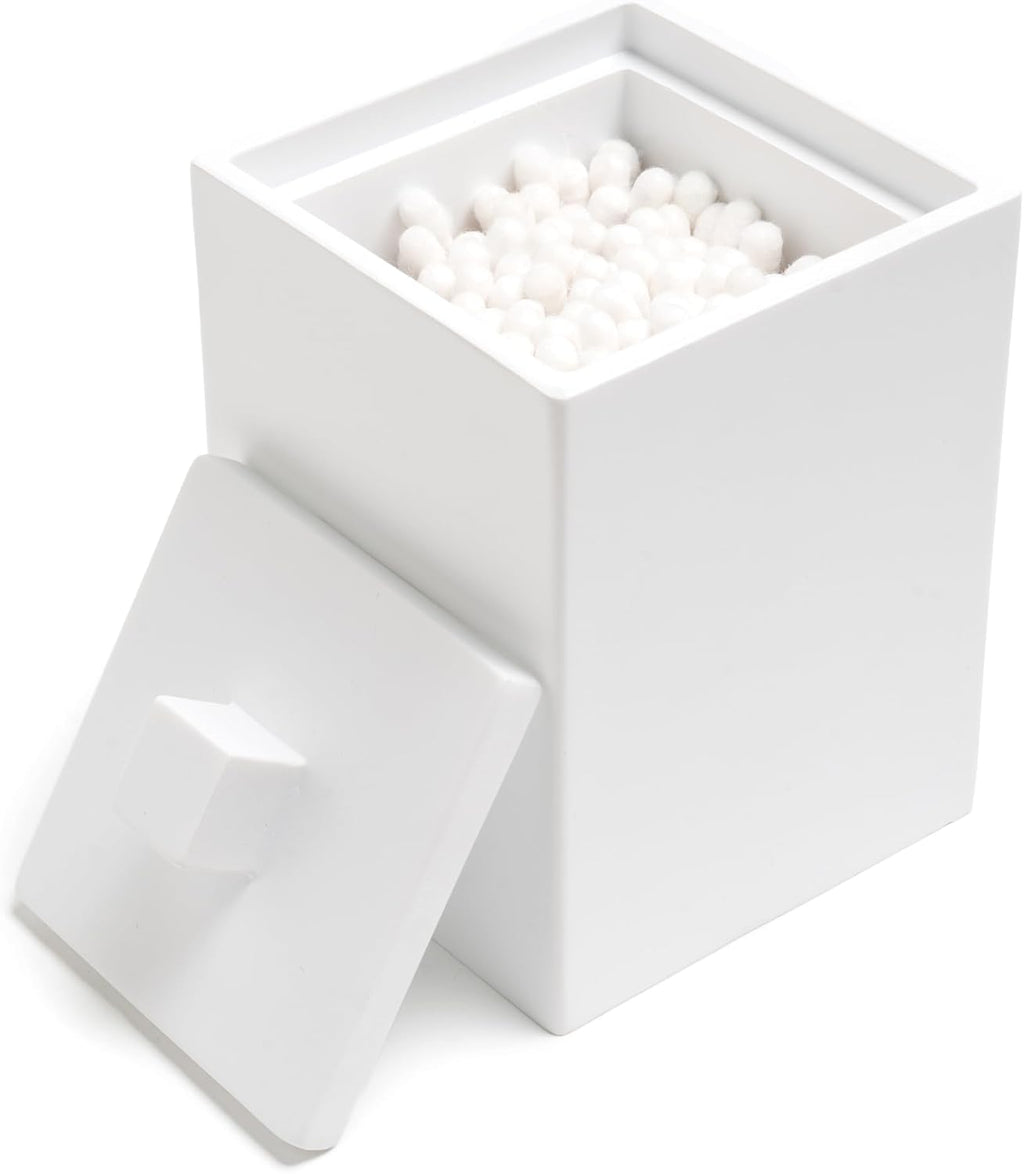 Bathroom Qtip Holder, Resin Cotton Swab Holder with Lid Qtip Holder Dispenser for Cotton Ball Bath Salts Storage Christmas Birthday Anniversary, Matte White