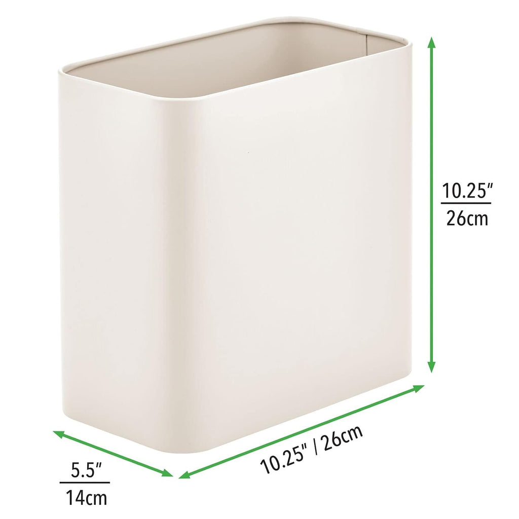 mDesign Small Metal 2.4 Gallon/9 Liter Trash Can Wastebasket Garbage Bin for Bathroom, Slim Rubbish Waste Bin Trashcans - Mirri Collection - Cream
