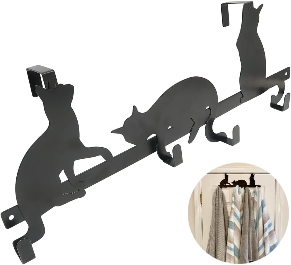 Evelots Cat Over the Door Hook Rack, 4 Hooks for Coats, Towels & Bags