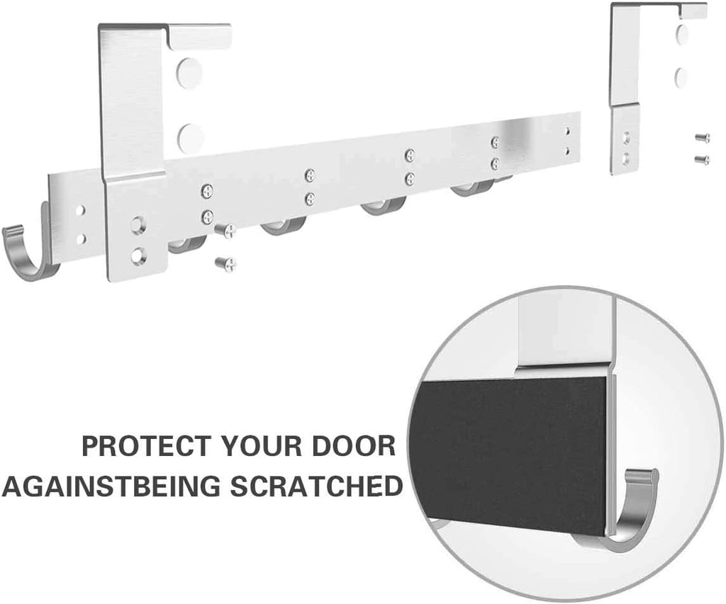 Door Hooks Hanger Rack, Aluminum Utility Organizer Holder for Kithchen Bathroom, 6 Hooks Over the Door Hanger Silver