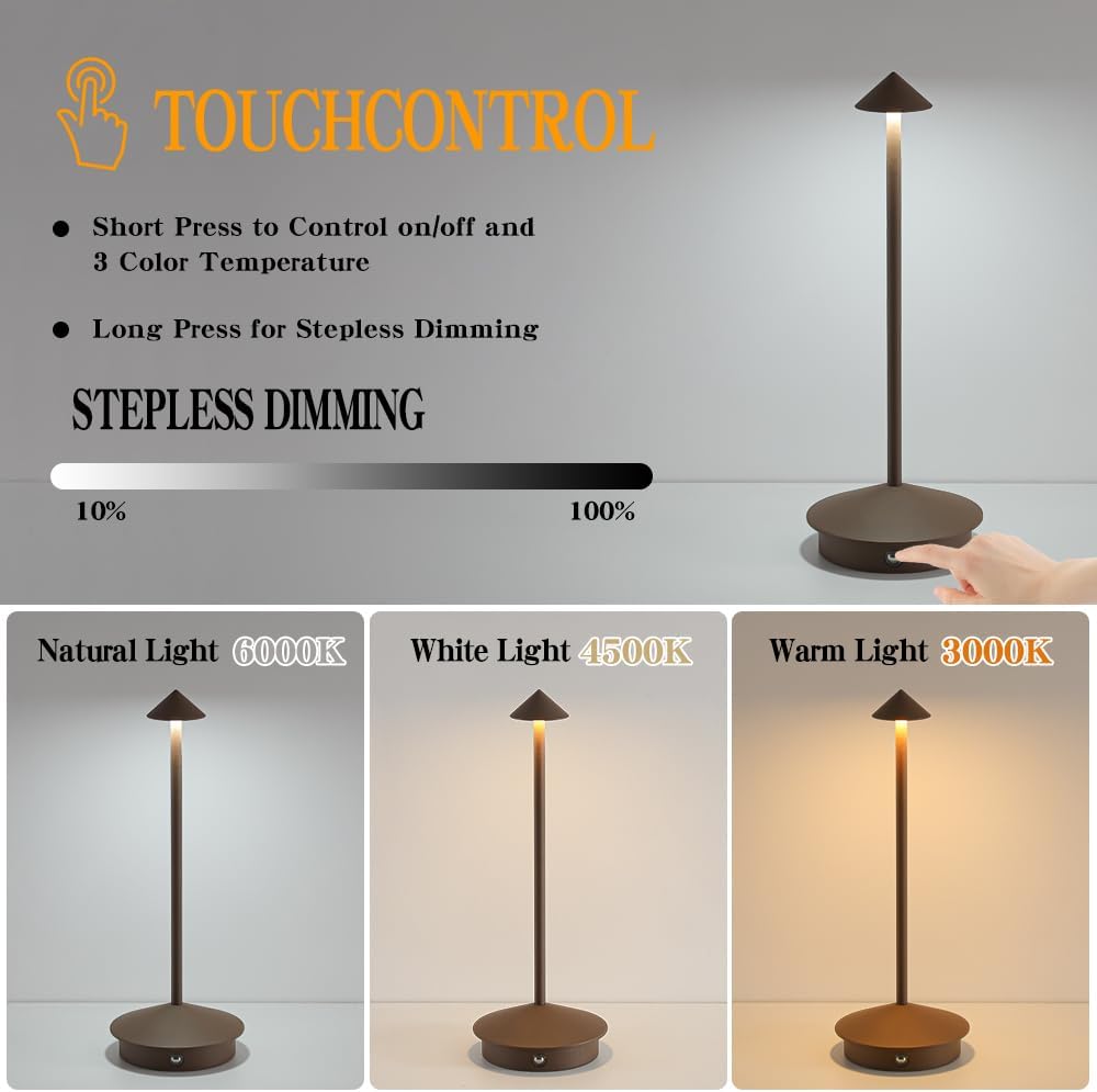 2 Pack LED Rechargeable Cordless Table Lamps,Portable Outdoor 5000mAh Battery Operated Table Light Touch Control 3 Color Dimmable Table Lamp for Patio/Cofee/Restaurant/Camping/Dining/Bedroom-Brown
