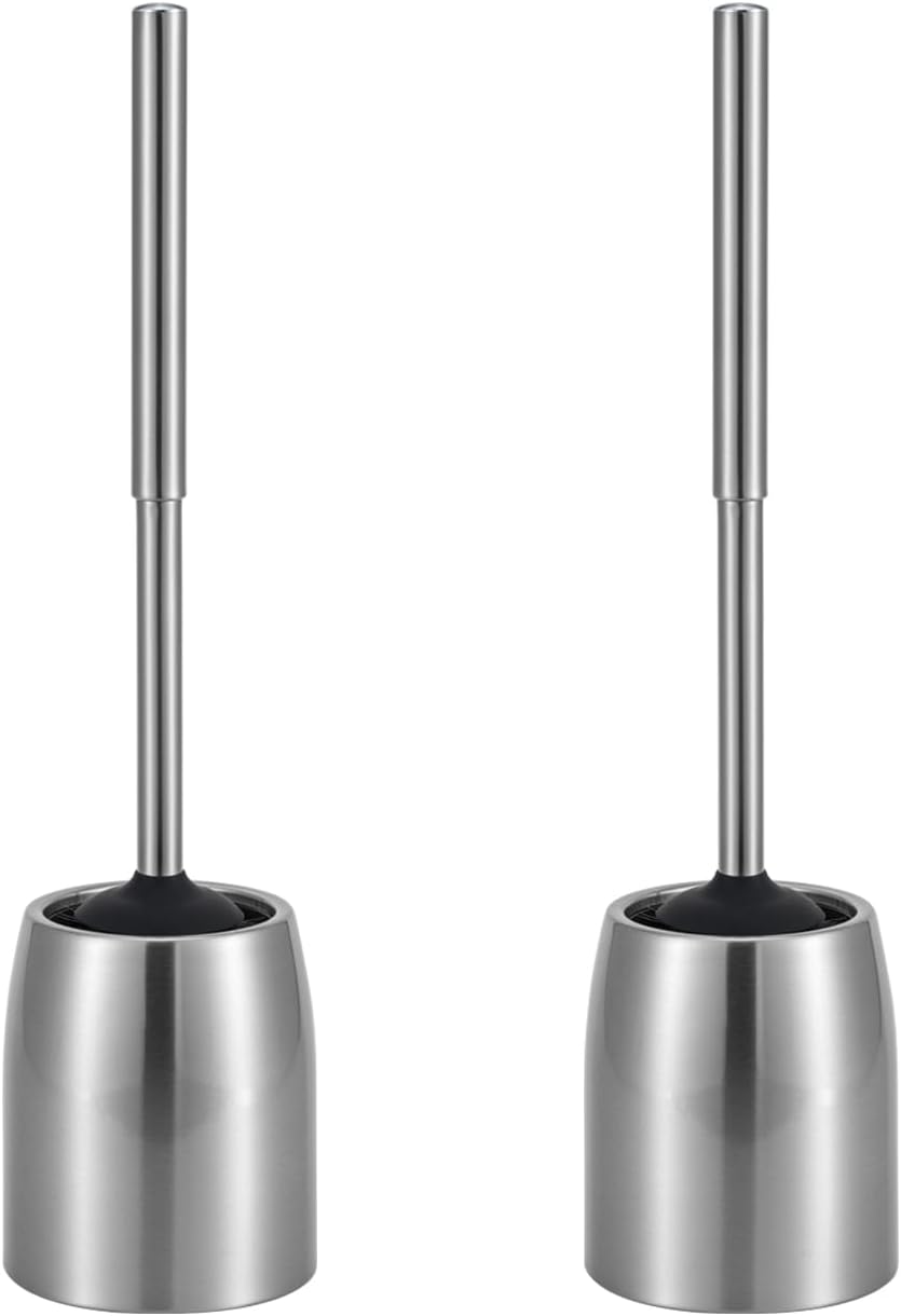 2Packs SUS304 Stainless Steel Toilet Brush and Holder Stain Nickle 12In Handle Bristles Toilet Bowl Brush Bathroom Brushes Cleaning Brush with Case Anti-Rust Brushed Silver