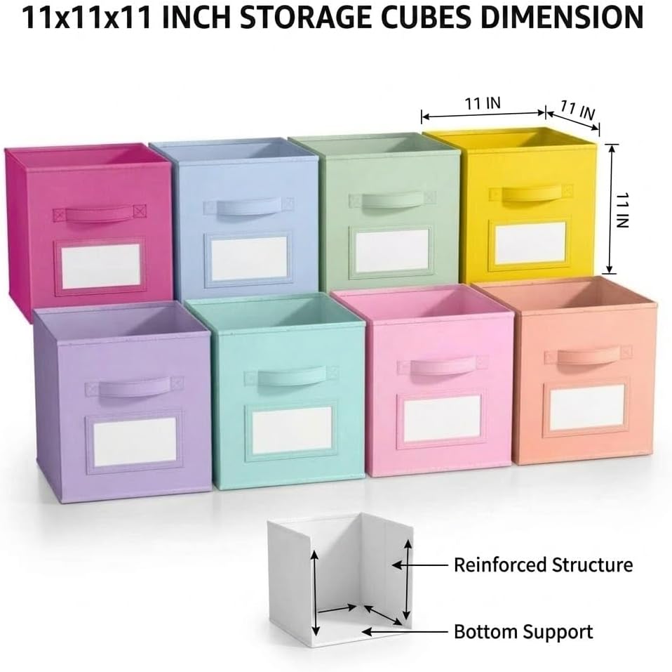 SUREMAX 11 Inch Cube Storage Bin with Label Window, 8 Pack, 8-Color