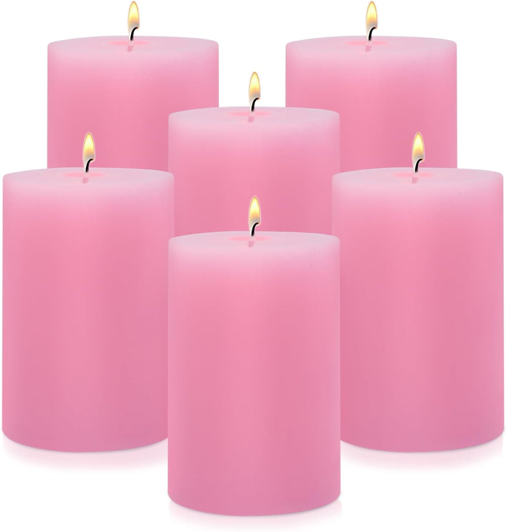 2.75“ x 4” Hand Poured Unscented Pink Candles, Dripless Pillar Candles Set of 6, Long Burning, Clean and Neat, Burn Time Approx. 90 Hours, Rustic, Weddings, Dinner Parties, Christmas, and Home Décor
