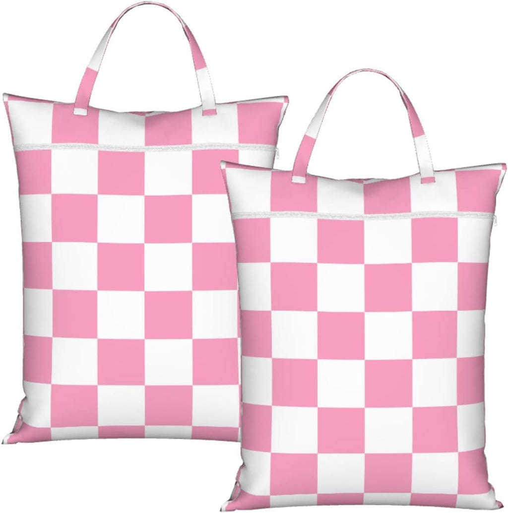 "pink and white checkerboard plaid 2-Pack Travel Laundry Bags for Dirty Clothes- Large Waterproof Laundry Tote, Wet & Dry Use, Reusable Foldable Carry Handles for Vacation, Gym & Dorm"