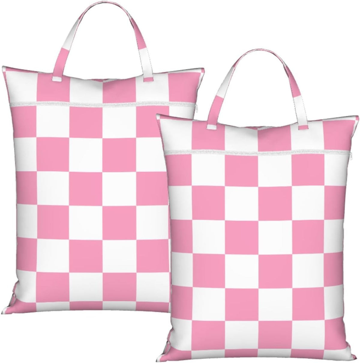 "pink and white checkerboard plaid 2-Pack Travel Laundry Bags for Dirty Clothes- Large Waterproof Laundry Tote, Wet & Dry Use, Reusable Foldable Carry Handles for Vacation, Gym & Dorm"