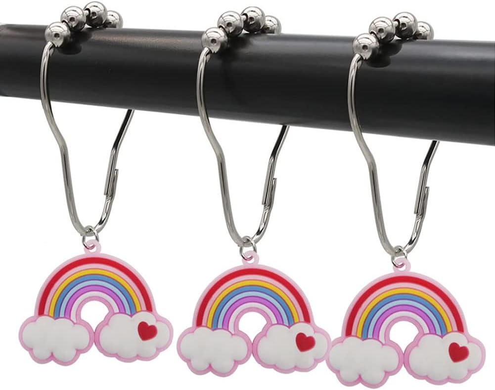 Decorative Rainbow Shower Curtain Hooks for Kids Bathroom - Rust-Proof Metal Stainless Steel Curtain Rings Set of 12 Fairy Fantasy Resin Rainbow Cloud Heart Kids Dormitory Bathroom Decor