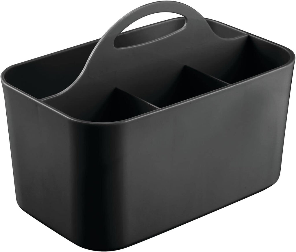 mDesign Small Plastic Shower/Bath Storage Organizer Caddy Tote with Handle for Dorm, Shelf, Cabinet - Hold Soap, Shampoo, Conditioner, Combs, Brushes, Lumiere Collection, Black