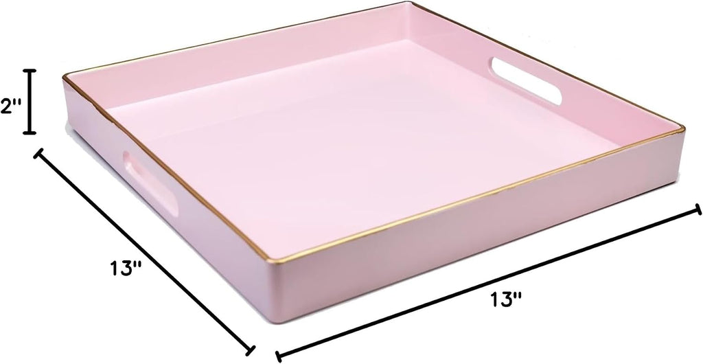 Spsyrine Pink Decorative Serving Tray with Handles, 13" X 13" Square Plastic Coffee Table Tray for Ottoman, Living Room, Bathroom, Home Decor.