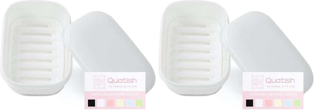 Quatish Leakproof Soap Dish with Lid & Draining Layer, Shatterproof Travel Bar Soap Holder Case Container, Portable Travel Size Toiletries Essentials for Camping, Gym, Bathroom, White (Pack of 2)