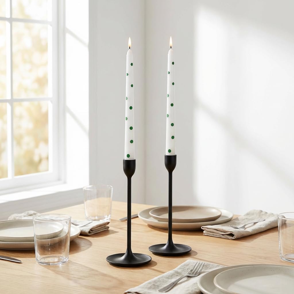 2 Pack Taper Candles, 10 Inch Unscented Candlesticks with Green Polka Dots for Holiday Table Centerpiece, Fireplace Mantel, Advent Wreaths, Winter Weddings, Home Decor