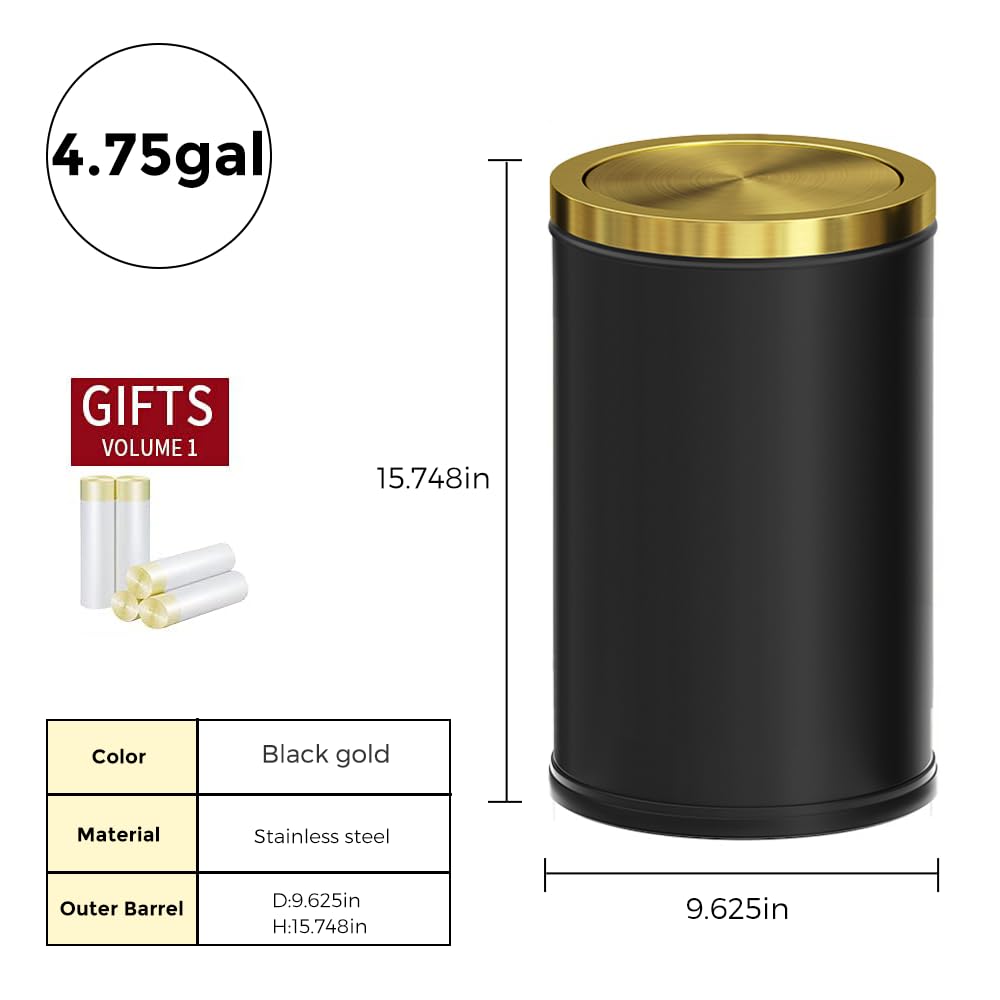 Black and Gold Bathroom Trash Can,Bathroom Garbage can with Swing Lid，Small Trash Can with Flipping Lid, 4.8gal Garbage cans for Bedroom,Living Room, Guest Room,Office,Hotel(4.7gal-Black)