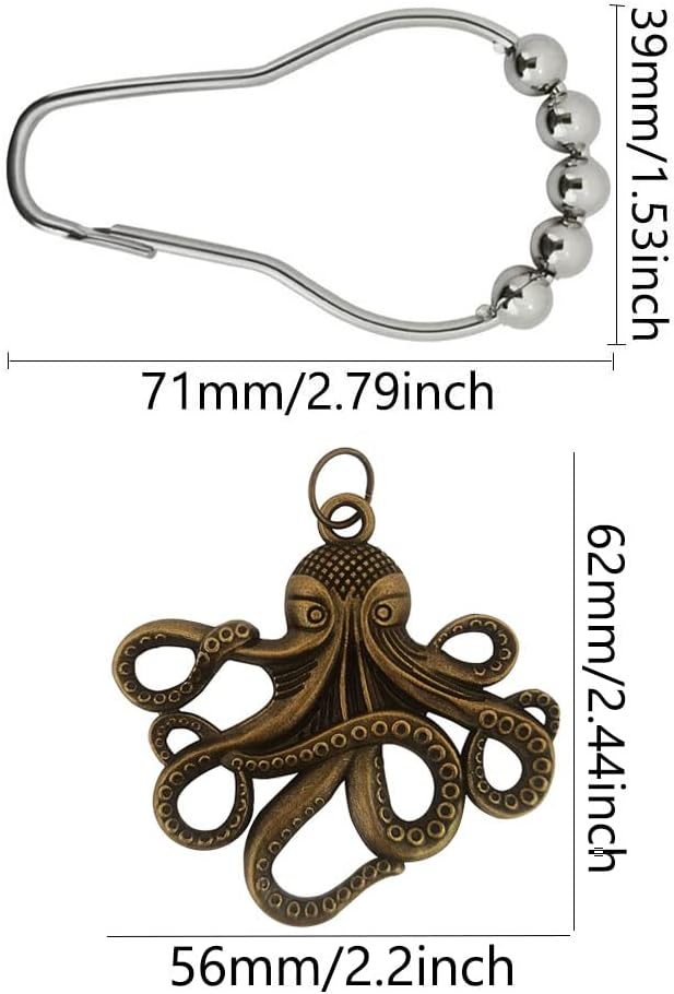 12Pcs Decorative Octopus Shower Curtain Hooks for Bathroom Rod, Bronze