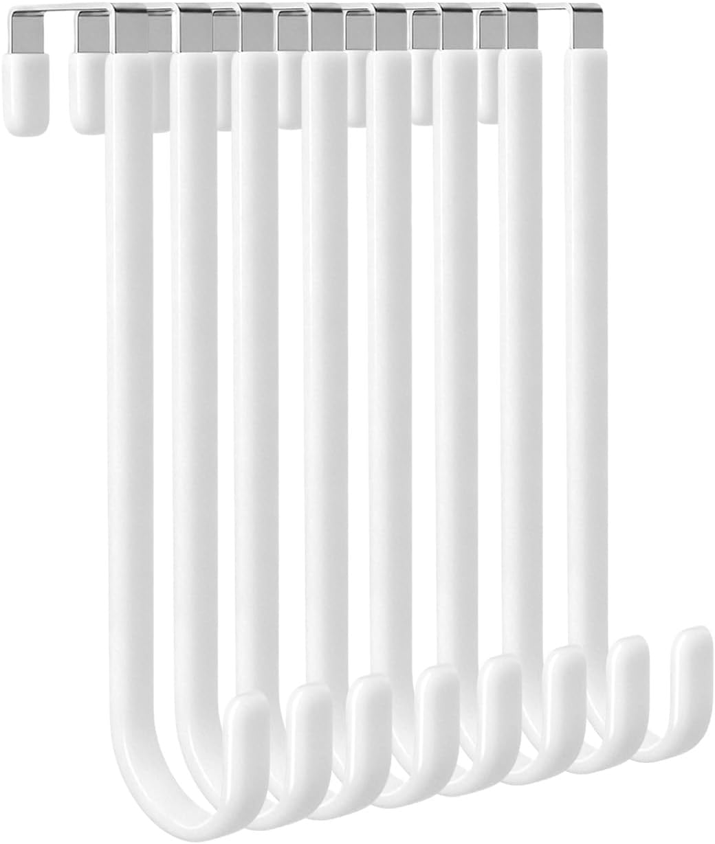 Over the Door Hooks, 2-Pack Scratch-Resistant Over the Door Hanger with Rubber for Towels, Bags, Coats and Keys, Suitable for Most Interior Like Bathroom, Bedroom (White, Long-Single hook-8pc)