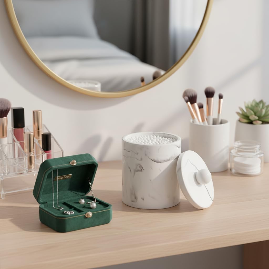 Marble Qtip Holder with Lid, White Resin Cotton Swab Container, Small Apothecary Storage Jars, Bathroom Q-Tip Holder for Cotton Balls, Swabs, Pads, Floss Picks