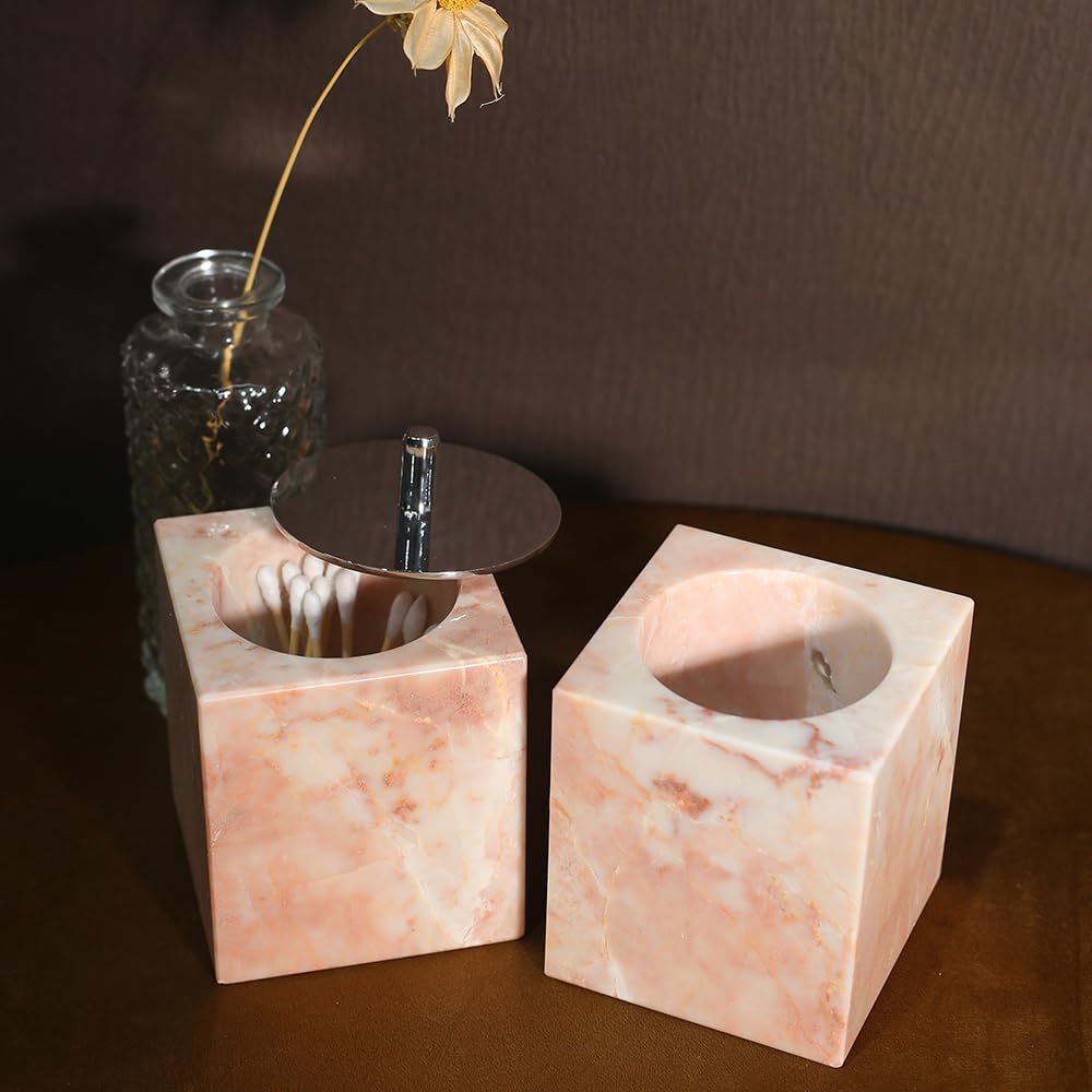 Marble Canisters QTip & Pink Marble Cotton Swab Holder with Lid