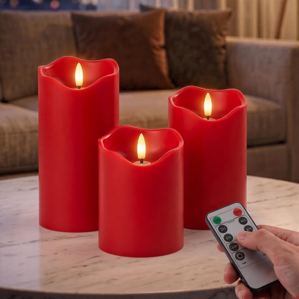 Goodluck Real Paraffin Wax Flameless Pillar Candles, Set of 3 - Red