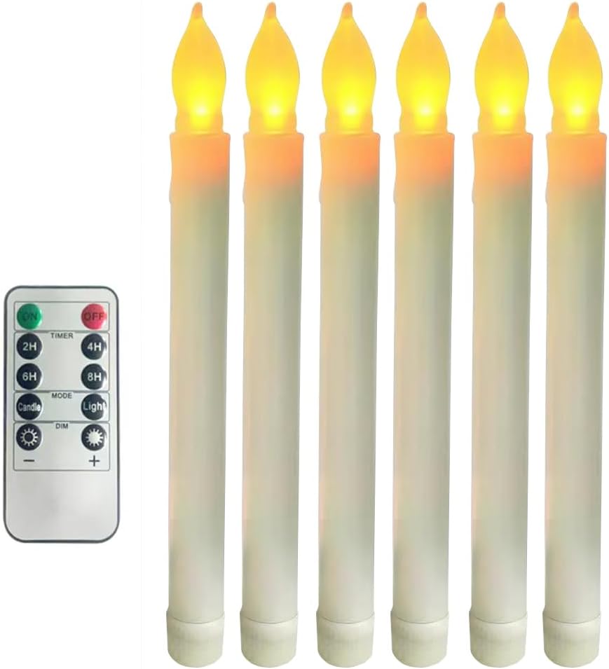 6 Pcs Plastic Flameless Taper Candles with Remote Timer Dimmer, 8.5 inches Taper Candles Battery Operated, Plastic LED with Flickering Flame for Halloween Christmas Church Wedding (Warm Yellow)