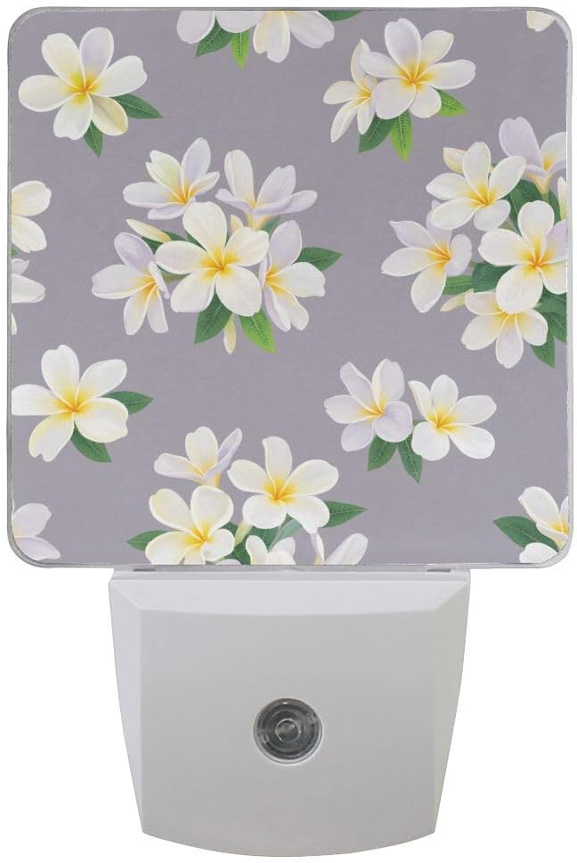 Plug-in LED Night Light Lamp Tropical Plumeria Flowers Printing with Dusk to Dawn Sensor for Bedroom, Bathroom, Hallway, Stairways, 0.5W-2 Pack
