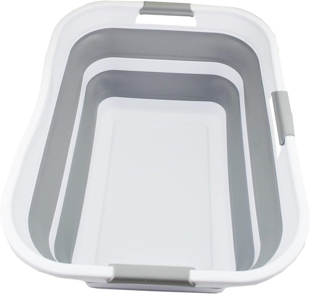 SAMMART 42L (11 gallon) Collapsible Plastic Laundry Basket - Foldable Pop Up Storage Container/Organizer - Portable Washing Tub - Space Saving Hamper/Basket (White/Grey)