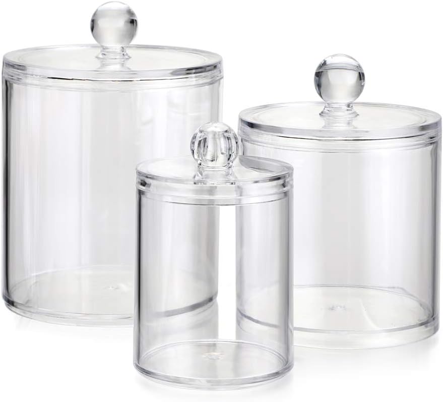 Hipiwe Set of 3 Cotton Ball and Swab Organizer Acrylic Q-Tips Jar with Lid