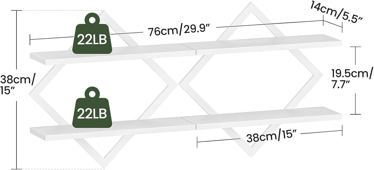 CHOEZON Floating Shelves, Set of 2 Wall Shelves, 2-Tier Hanging Shelves, Wall Shelf Set of 2, for Living Room, Bedroom, Kitchen, Office, Study, White TBJ01P2WB