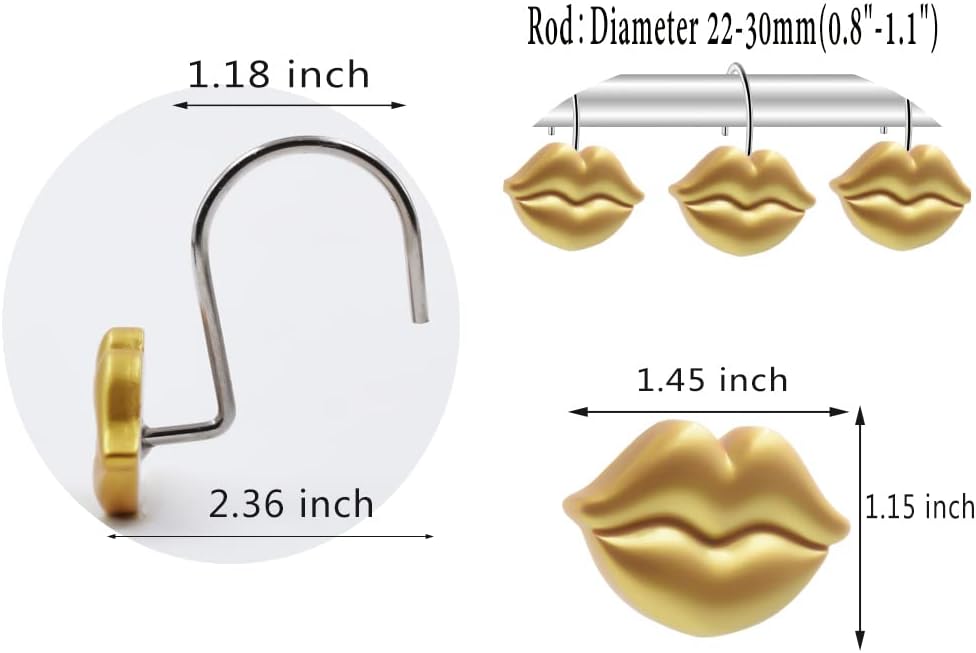 Gold Shower Curtain Hooks Rings, Gold Lips, Set of 12