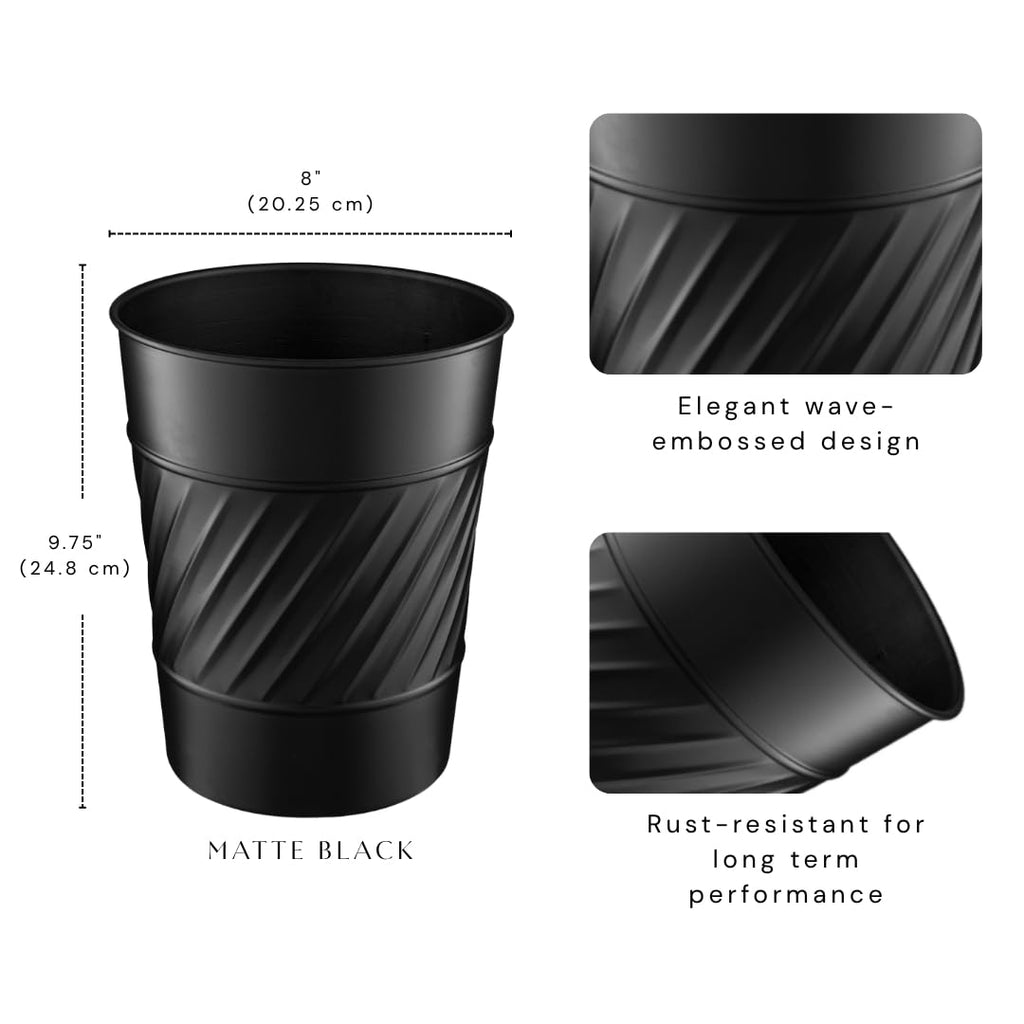 Monarch Abode Metal Bathroom Trash Can – Waste Basket for Bedroom, Office Desk, & Dorm, Handcrafted Wave Embossed, Durable Decorative Black Small Trash Can Bathroom Garbage Bin Wastebasket