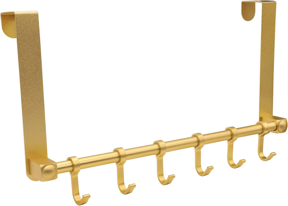 Over The Door Hooks Door Hanger, Moving 6-Hooks Over Door Coat Rack for Hanging, Aluminum Heavy Duty Door Organizer for Towel Robe Hat Bag, Behind Back of Door Bathroom (Gold)